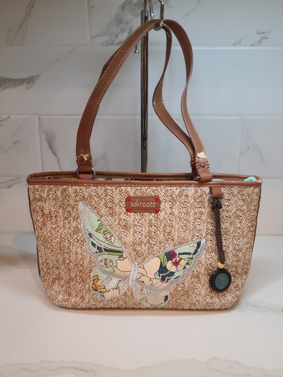 Sakroots Handbags - Sakroots Tan Woven Tote with Floral Butterfly Accent